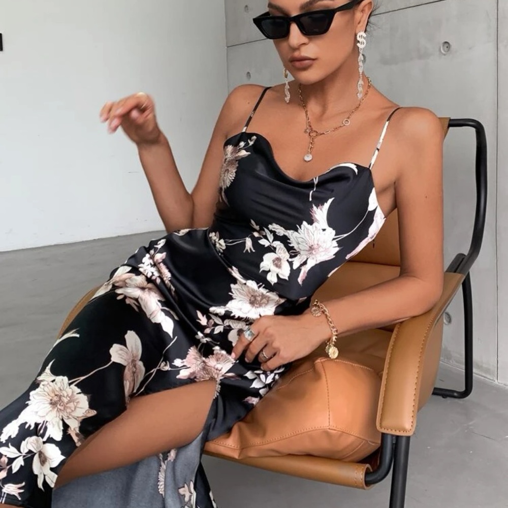 Floral print satin cami cowl neck midi dress thigh slit black